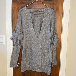 Open Back Ruffled Drop Sleeve Sweater Tunic Dress